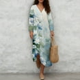 thumbnail image 4 of COEQINE Bohemian Summer Dress 3/4 Sleeve Wrap V-Neck Women's Boho Midi Tunic Shift Dress, Linen Look Loose Fit, Vacation & Everyday Wear, Size 2XL, Light Blue Watercolor Floral, 4 of 6