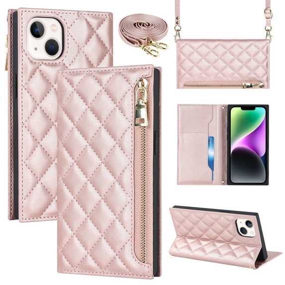 Nalacover Crossbody Wallet Phone Case for iPhone 14,Premium PU Leather Magnetic Closure Flip Stand Card Holder Zipper Pocket Purse Phone Case with Shoulder Strap,Rosegold