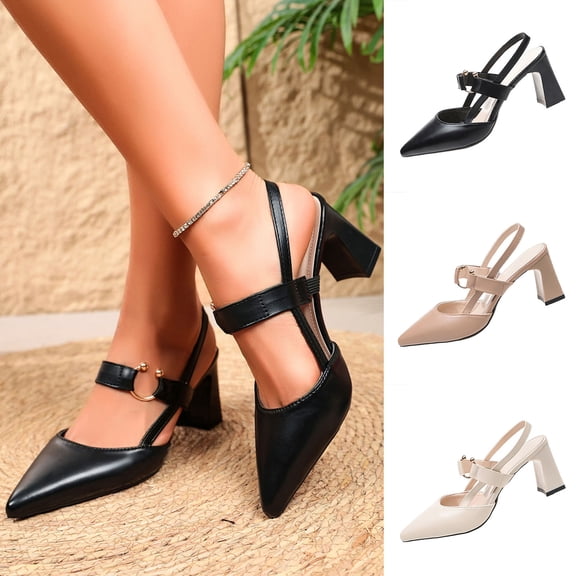 Miluxas Women's Pointed Toe Slingback Block Heel Pumps, Metal Ring Cutout Ankle Strap Mid Heel Dress Shoes, Elegant Faux Leather Heels Khaki 9(42)