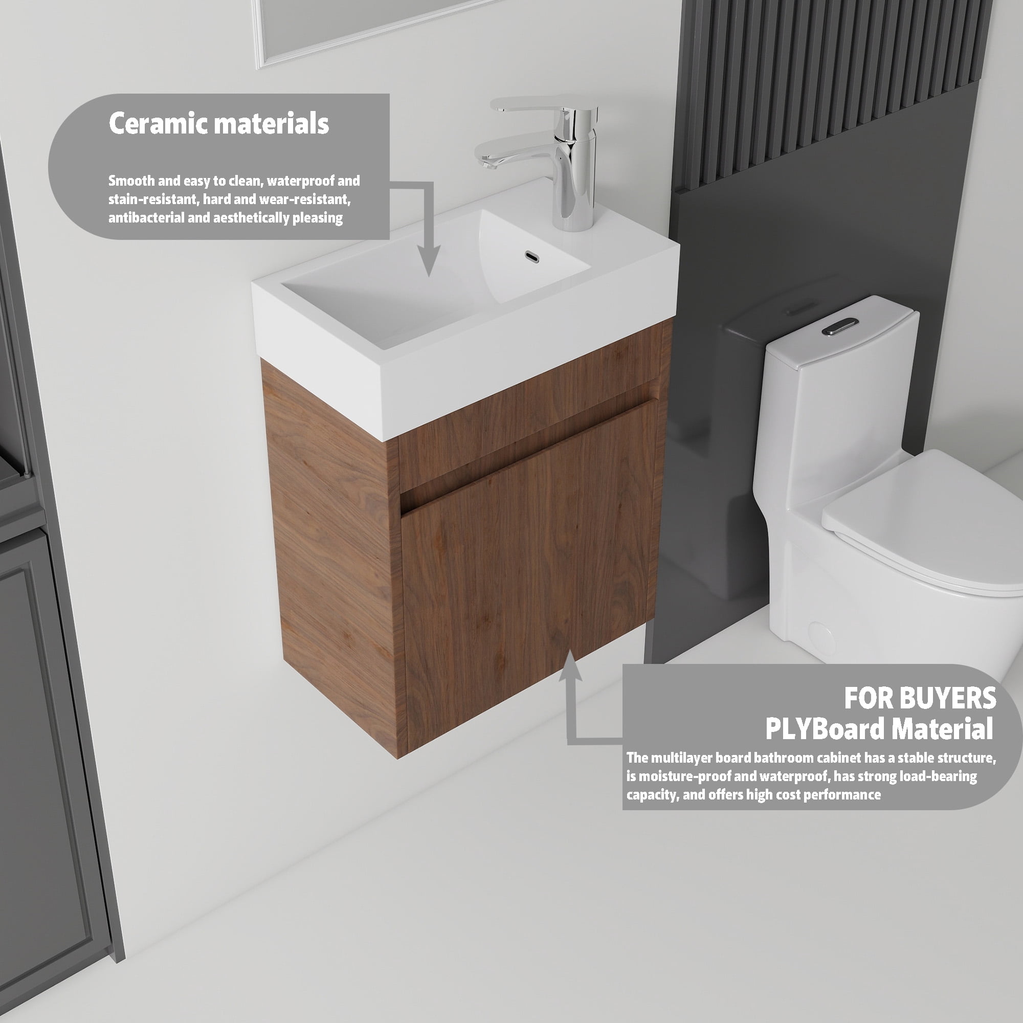 Leumius 18" Floating Bathroom Vanity with Ceramic Sink,Modern Wall Mounted Basin Cabinet with Soft-Close Doors for Small Bathrooms,Brown