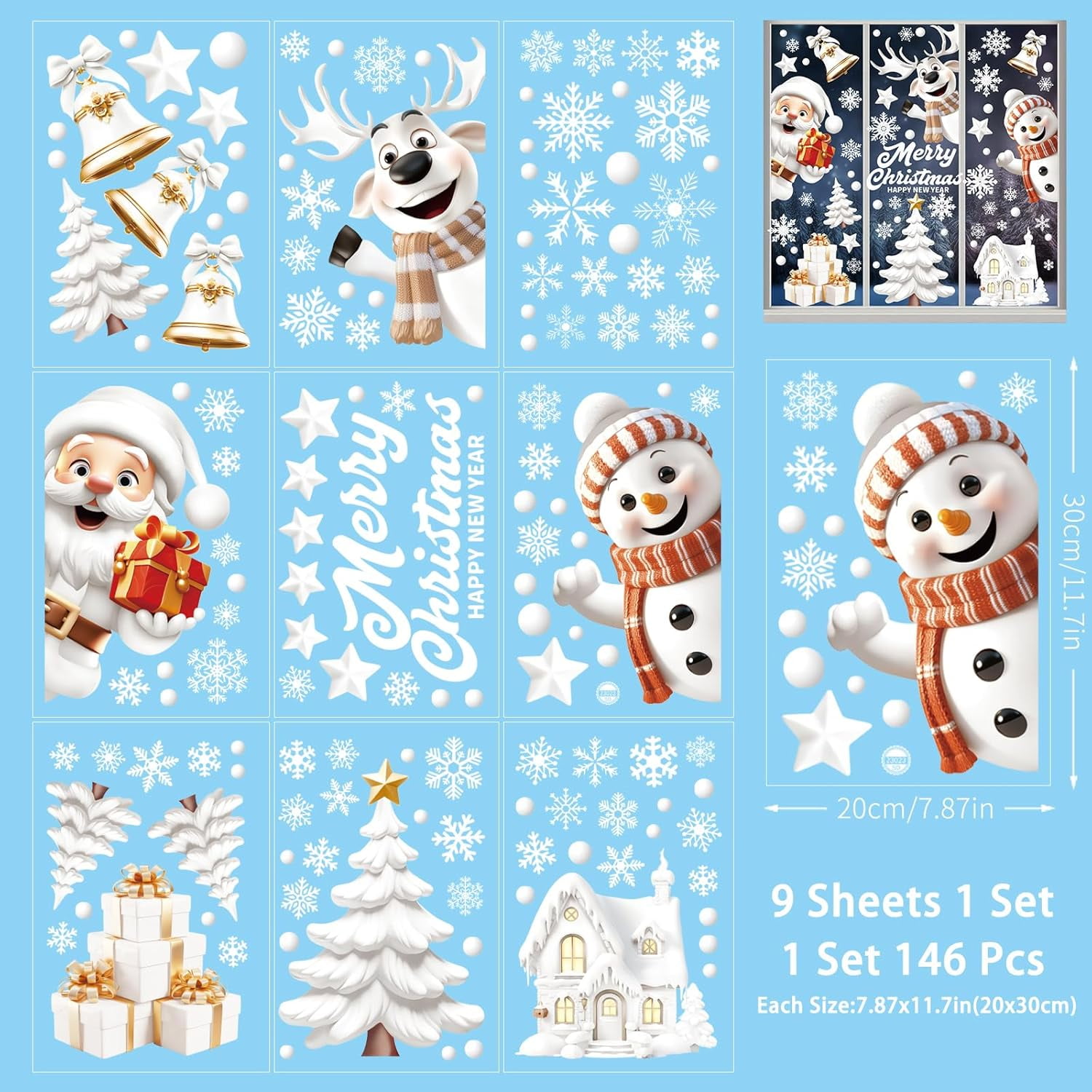 146pcs Christmas Window Clings for Glass Windows, Large Size Christmas Decals Snowflakes Decorations Stickers for Holiday Winter Decorations