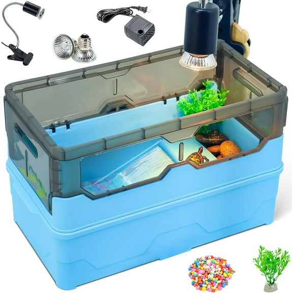 Turtle Habitat Tank Kit– Fresh Filtration, Waterplay Fun, Diverse Living, Heat Lamp, Water Pump and Convenient Water Changes in Tanks Habitat Kits Turtle cage (Blue, Medium)