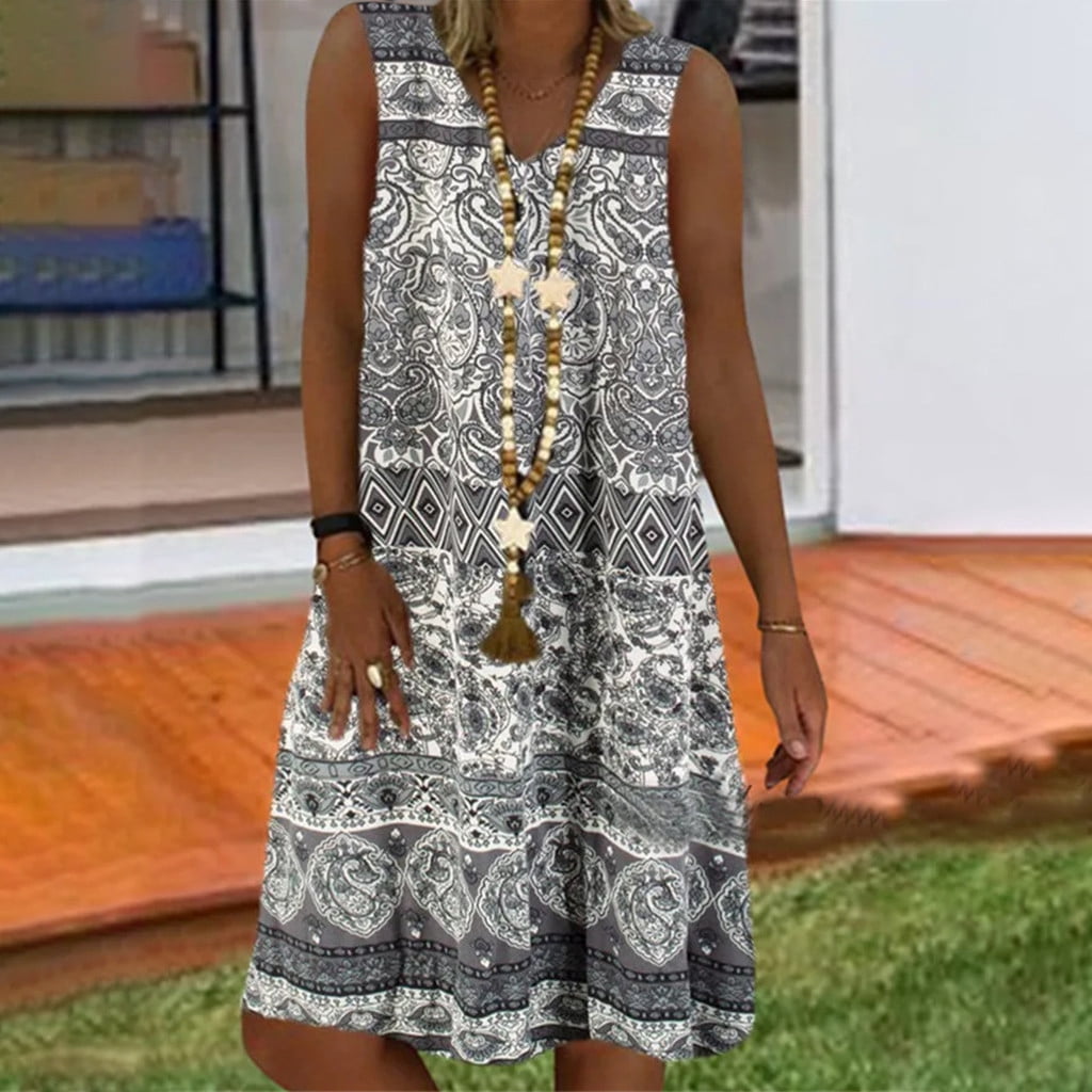 Women Summer Dress Vintage Loose V-neck Print Sleeveless Tank Midi Dress