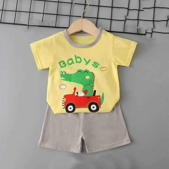 Spazoro Child's Boys Girls Outfit Sets, Graphic Print Breathable and Thin Shirts and Shorts Spring Summmer Casual Homewear Pajamas Sets for Toddler Boys Yellow Size 6 Months