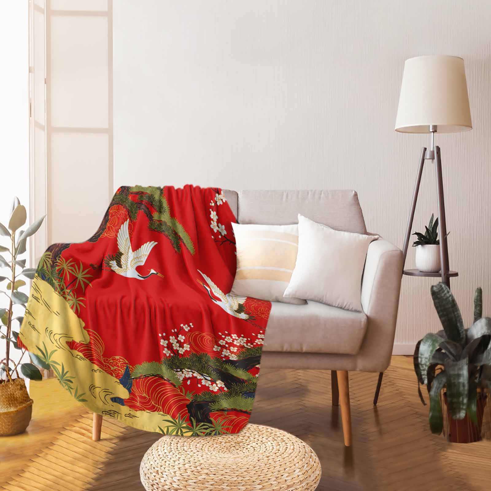 Throw Blanket Fleece Throw Blanket 50x60in, Retro Crane Pine Flower on Red Soft Lightweight Bed Blankets Asian Chinese Pastoral Scenic Fuzzy Couch Blankets for All Season