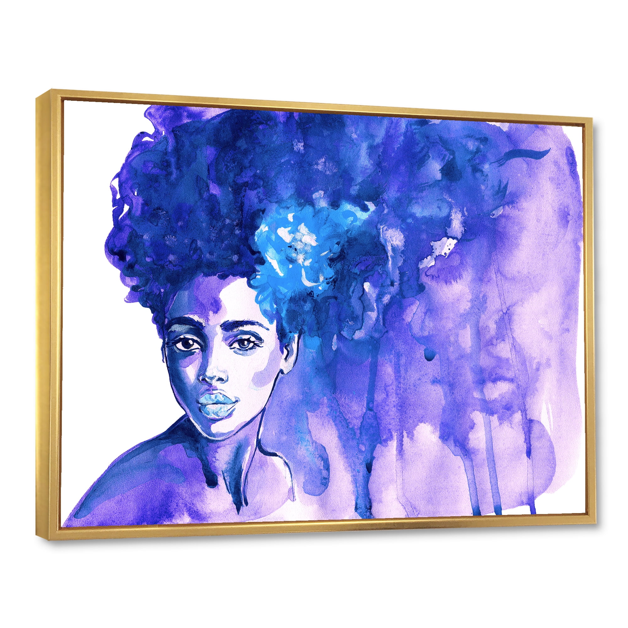 Designart 'Glorious Blue Portrait of Afro American Woman' Modern Framed Canvas Wall Art Print