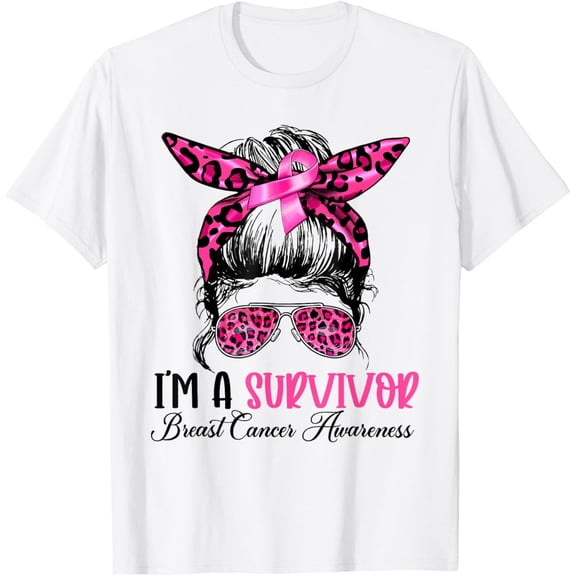 t-shirt I'm A Survivor Breast Cancer Awareness Messy Bun Warrior T-ShirtMen and women can wear white T-shirts, gifts. Age: M,,L,XL,2XL,3XL, 4XL