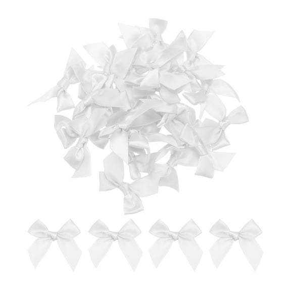 Uxcell 30Pcs Mini Ribbon Bow 1.5" Mini Fabric Satin Ribbon Flower Bows for Craft DIY Wedding Birthday Party White
