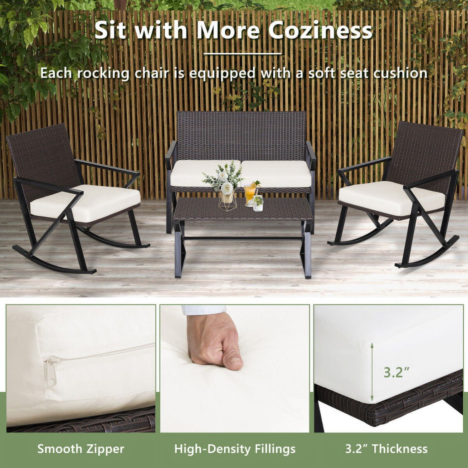 Aimee Lii 4 Piece Patio Wicker Rocking Chairs Set with Heavy-Duty Metal Frame, Backyard Furniture, White
