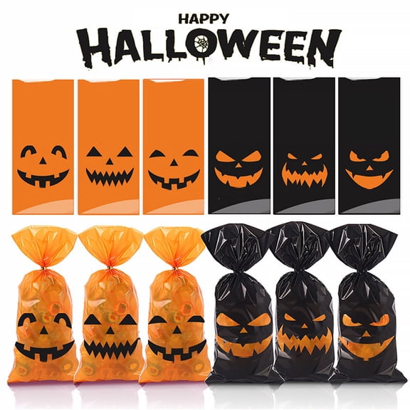 Ouuluon Festive Clear Halloween Treat Bags, 5x11 inch 50 Pack with Closures for Snacks Party Favors Gift Giving