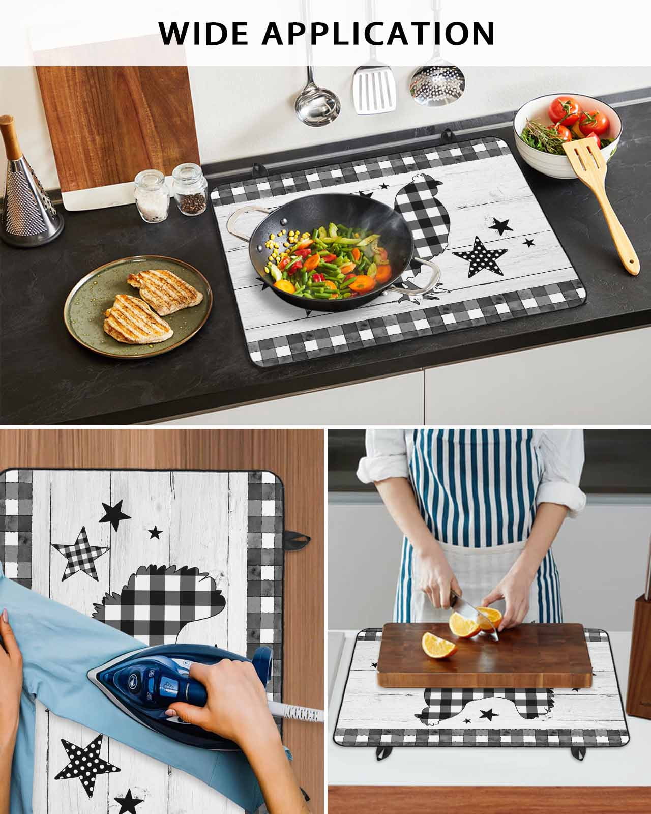 Large Induction Cooktop Protector Mat Chicken Hen Stove Top Covers for Electric Stove, Rooster Animals Farmhouse Plaid Country White Wooden Decorative Stove Burner Cover Mats, Glass Top Stove Cover