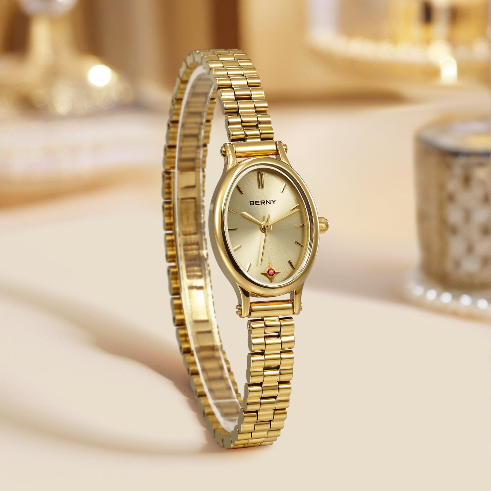 BERNY Small Gold Watches for Women, Dainty Luxury Oval Sunray Dial, Stainless Steel Bracelet Watch, Adjustment Tool Included, Waterproof, Fashion Ladies Analog Quartz Wrist Watch Gifts (Gold)