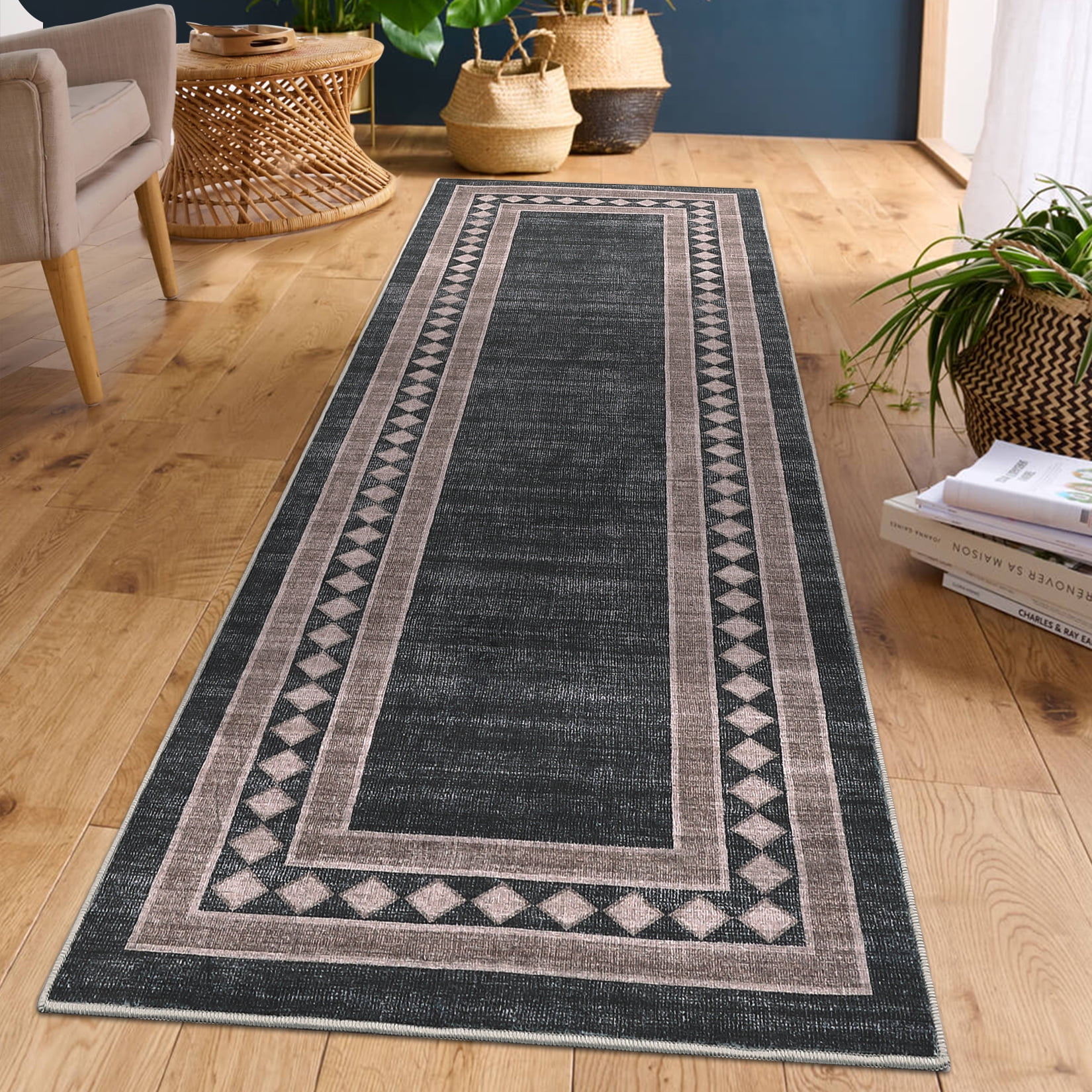 Garvee 2'x6' Modern Runner Rug Solid Bordered Rugs, Washable Geometric Neutral Accent Carpet with Non-Slip Backing, Low Pile Stain-Resistant Rug for Entryway Laundry Bathroom Bedside, Black Brown