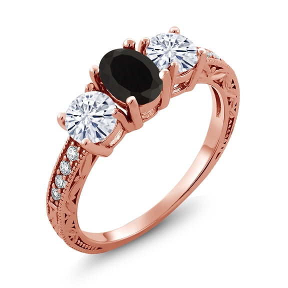 Gem Stone King 18K Rose Gold Plated Silver 3-Stone Ring Onyx Moissanite(1.82 Cttw) (Size 7)