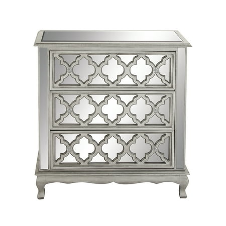Rosette Furniture Decmode Contemporary Small 3-Drawer Silver Wood & Mirrored Cabinet w/ Crystal Rosette Handles ()