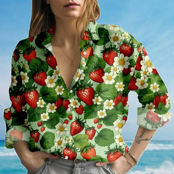 Strawberry And Flowers Blouse Shirt, Cute Red Fruit Women Shirt, Coquette Aesthetic Casual Shirt, Summer Vacation Shirt, Button Up Shirt, Blouses Tops Women