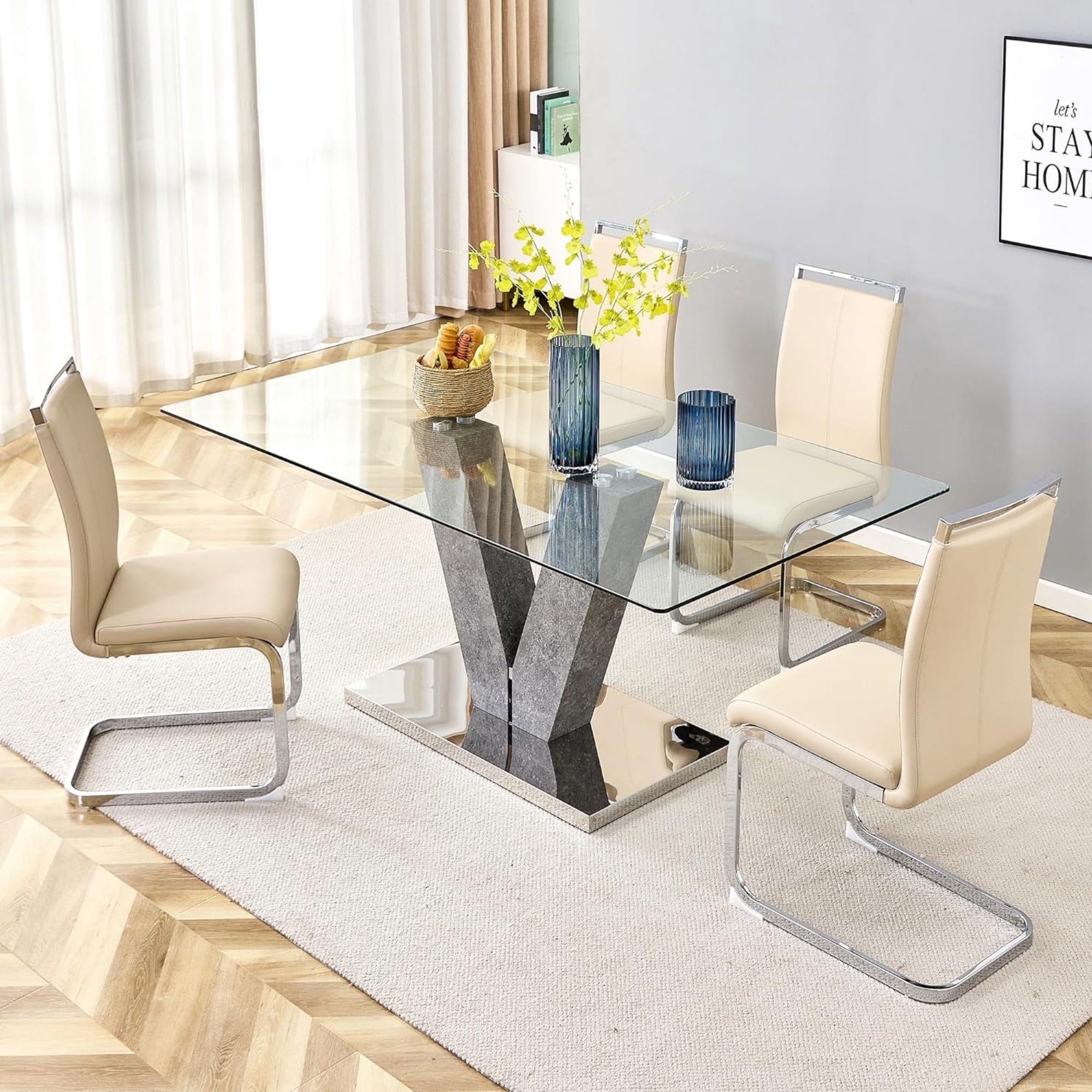 SUDICA Dining Chairs Set of 2, Modern Beige PU Leather High Back Side Chairs with Chrome Metal Legs for Dining Room