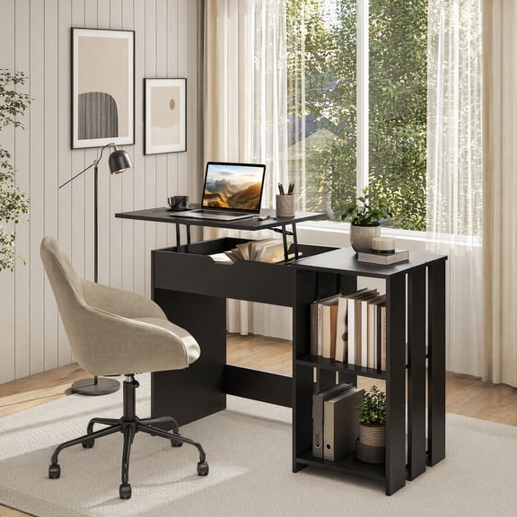 39.5 " Lift Top Computer Desk with Hidden Compartment and Open Storage Shelves, Home Office Desk for Small Spaces,Black