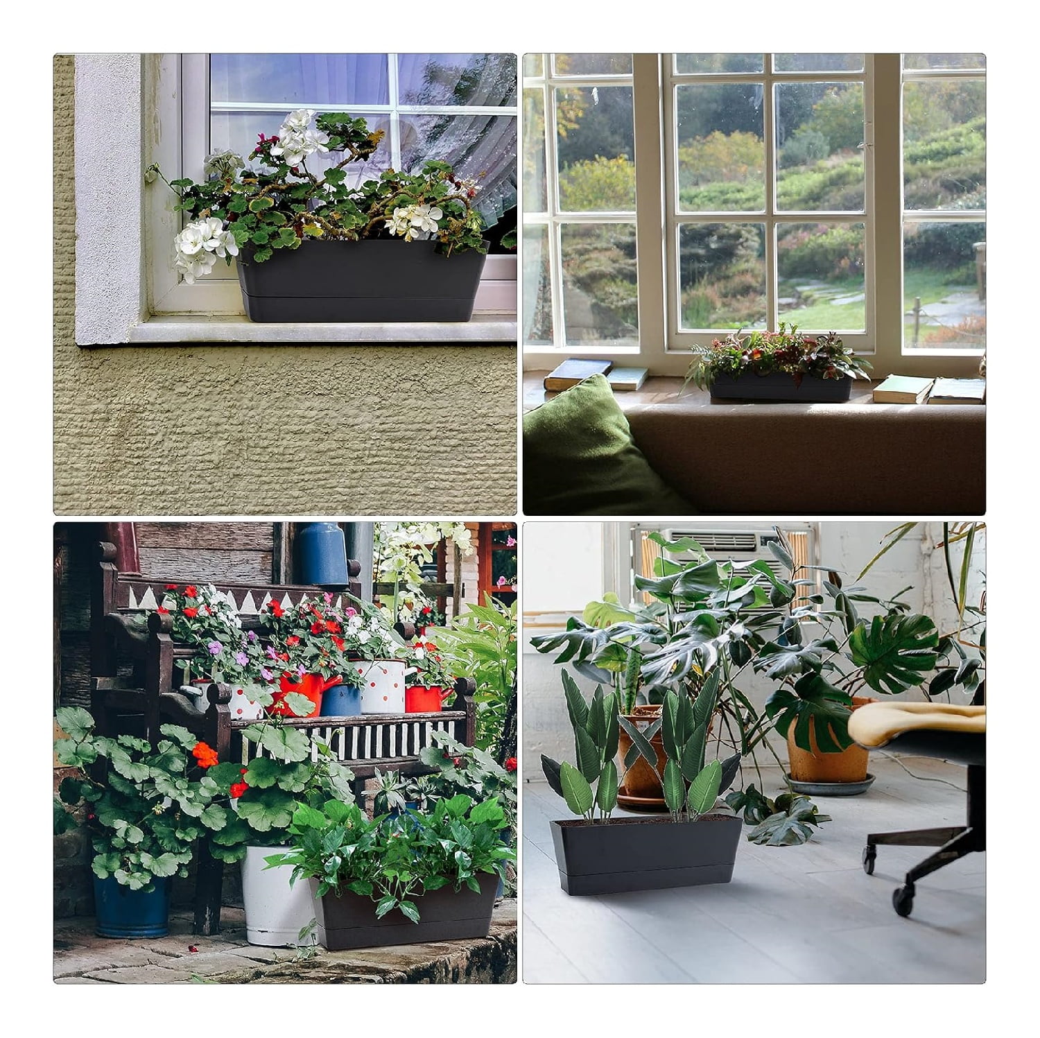 Herb Rectangle Planter,1Pc Self Watering Planter Pot for Deck,Window Boxes with Drainage Holes for Garden,Window,Office Decor,Black
