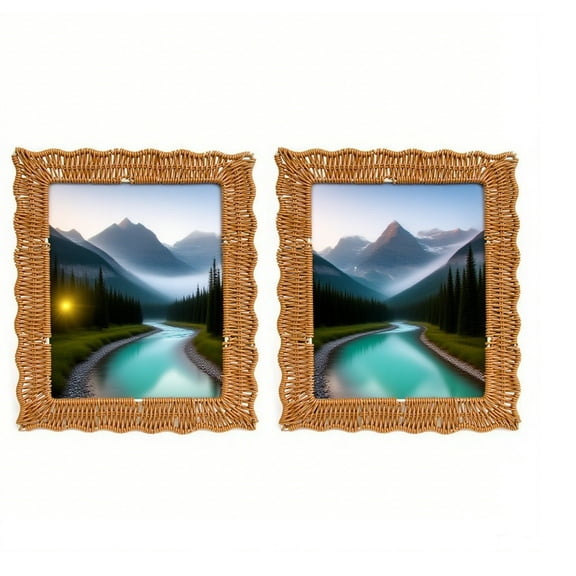 Luolandi Two Handcrafted Boho Rattan Photo Frames Set for Stylish Home Decor and Use Medium The wave