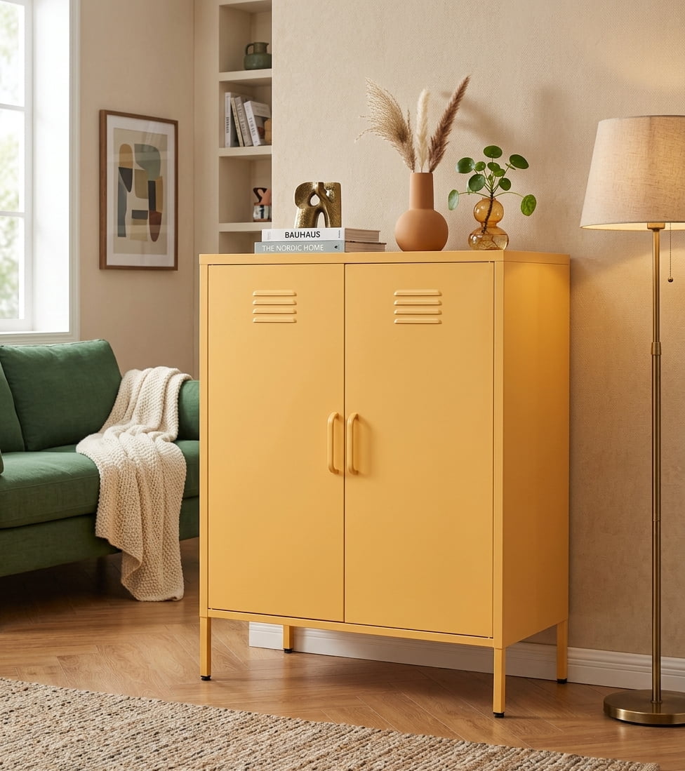 Leumius Metal Sideboard Buffet Cabinet with Storage,40"H Accent Cabinets with Adjustable Shelf,Kitchen Pantry Cabinet for Dining Room,Living Room,Yellow