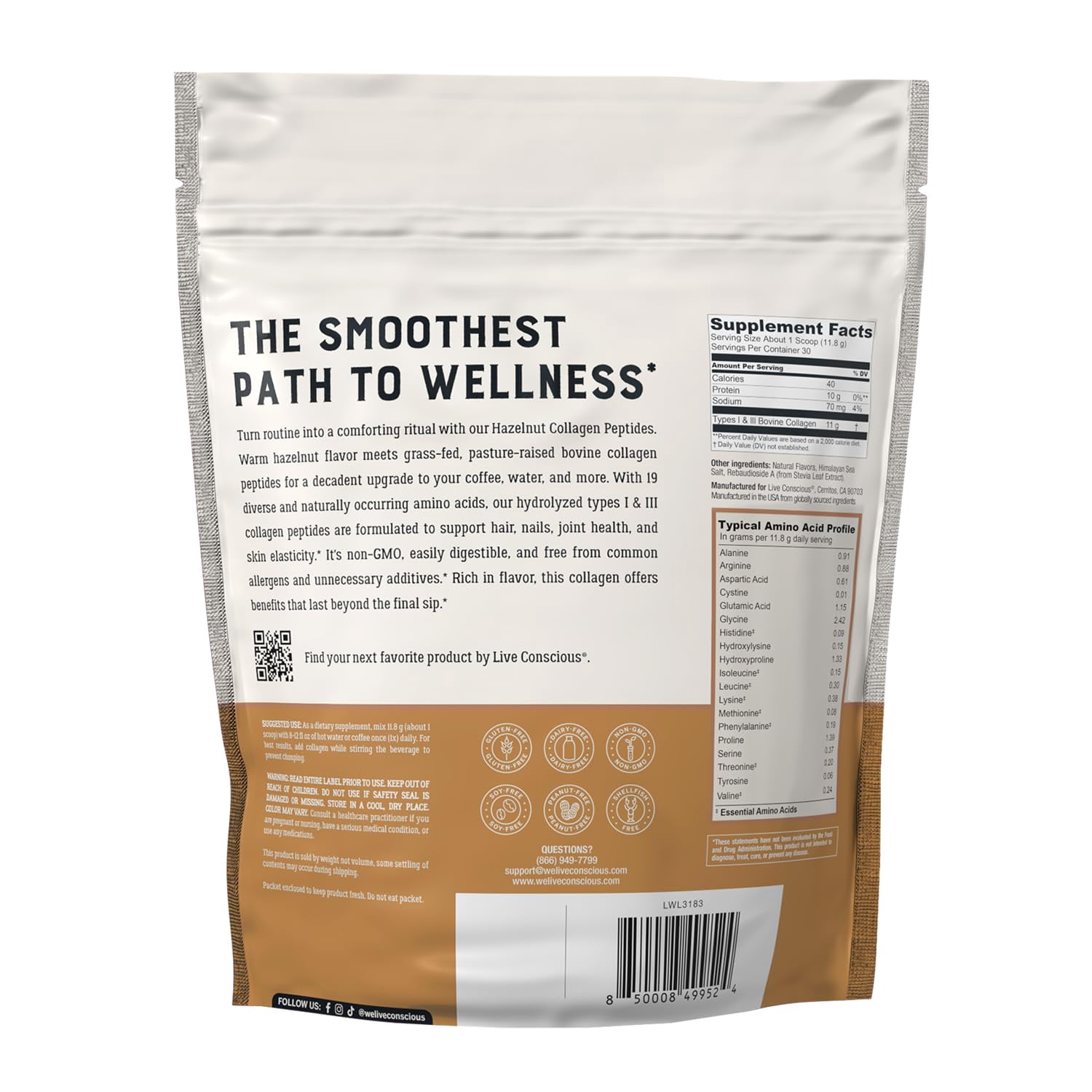 Live Conscious Hazelnut Collagen Peptides Powder, Grass-Fed Types I & III, Skin, Hair, Nails & Joint Support, for Women and Men, 30 Servings
