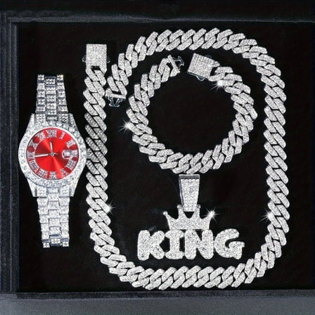 4PCS luxury quartz watch set, Men's Iced - Out Fashion Diamond Watch with Hip - Hop Bracelet and "KING" Necklace