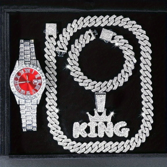 4PCS luxury quartz watch set, Men's Iced - Out Fashion Diamond Watch with Hip - Hop Bracelet and "KING" Necklace