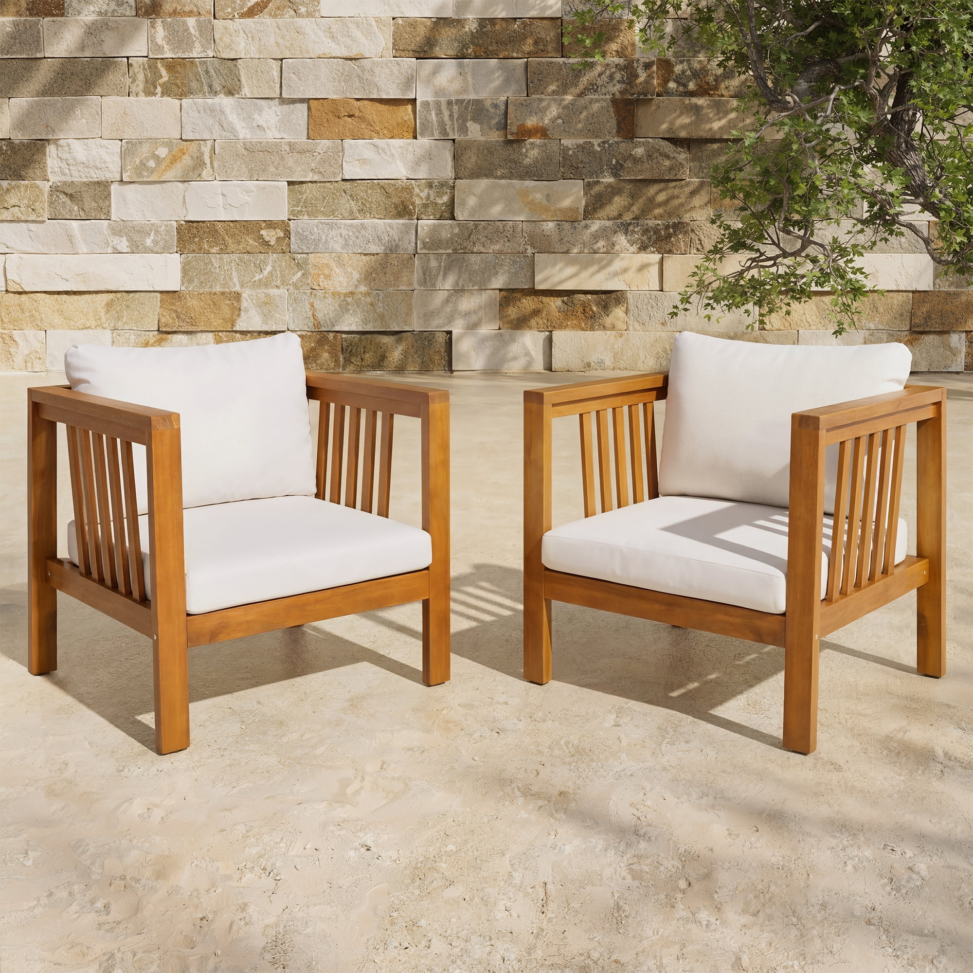 Mintazer Outdoor Club Chairs Set of 2, Patio Armchairs with Cushions & Adjustable Leveling Feet for Patio, Garden, Balcony & Backyard, Natural & Beige