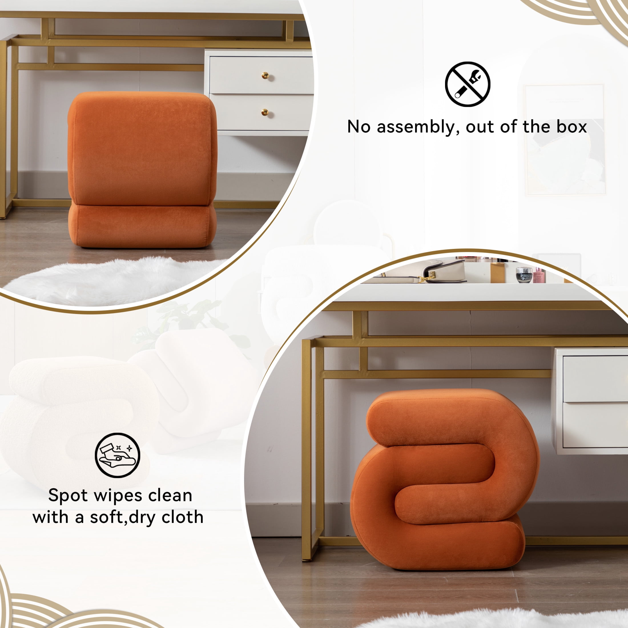 Noble House Rache 19" S-Shape Velvet Accent Ottoman, Plush Makeup Footrest Table Stool with Foam, Orange