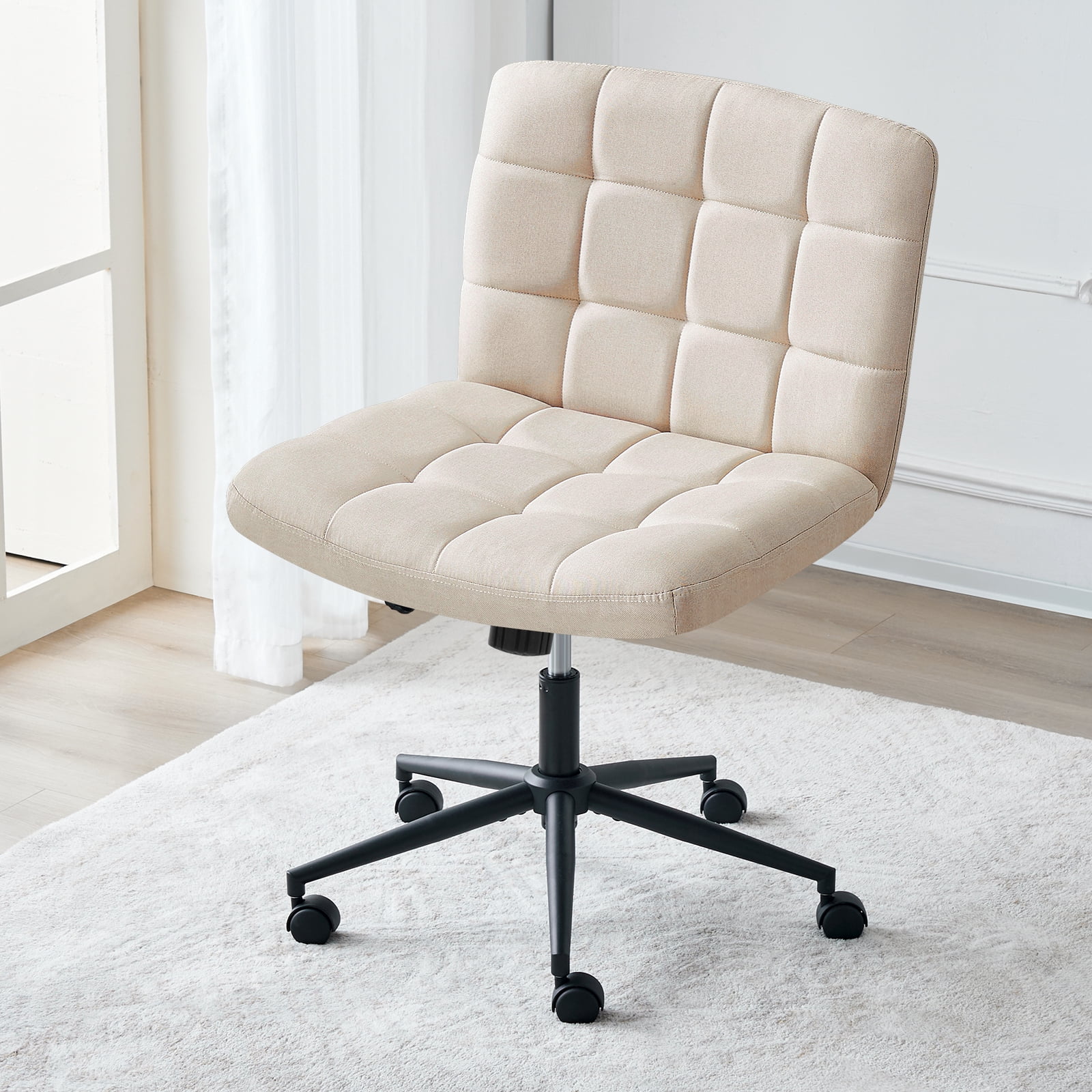 Furniliving Home Office Desk Chairs with Wheels Wide Desk Chair Mid Back Vanity Chair Modern Computer Desk Chair Swivel Accent Chair, Beige