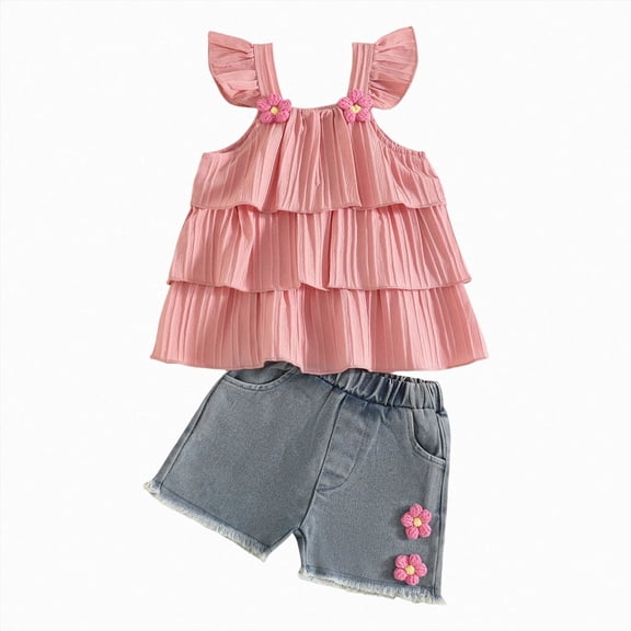 kaprioy Toddler Girl Clothes Toddler Baby Girl Summer Outfit 9 12 18 24 Months 2T 3T 4T Layered Tank Top Denim Shorts Set 2 Pcs Clothes Set