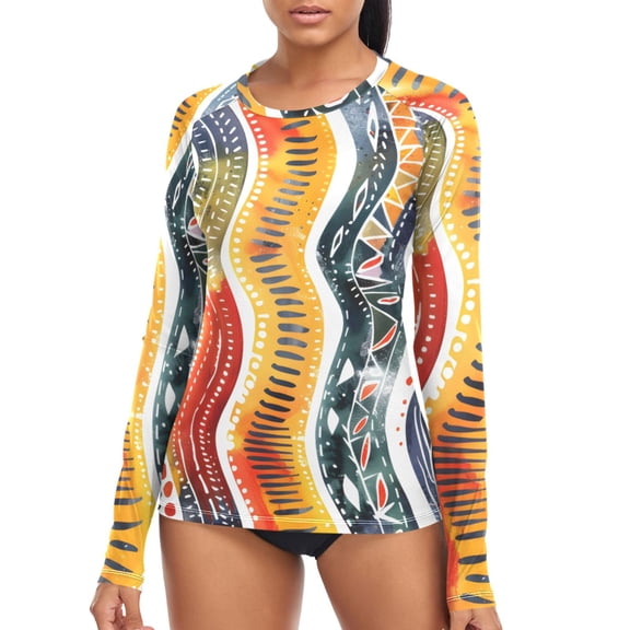 joogoo Womens UPF 50 Rash Guard Watercolor Wave Lines Long Sleeve UV Protection Sun Shirts Tops S