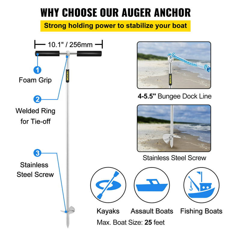 VEVOR Sand Anchor, 36 inch Length Auger to The Beach and Sandbar, 316 Stainless Steel Screw Anchor w/Removable Handle, Bungee Line & Carry Bag, for