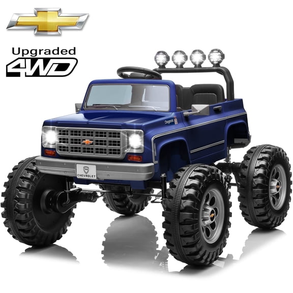 Sunnyfree 4WD Chevrolet Cheyenne 24 Volt Ride on Toys, 2 Seater Power Truck Wheels with Remote, Bluetooth, USB, LED Lights, Blue