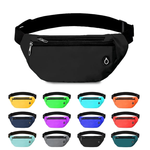 Fanny pack for women and men, water resistant waist bag with 3 zippered pockets, adjustable strap for travel hiking running cycling, black