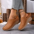 thumbnail image 3 of Hollow out Mules for Women Closed Round Toe Wedge Sandals Trendy Stitching Leather Adjustable Slingback Platform Heels Brown Size 6.5, 3 of 6