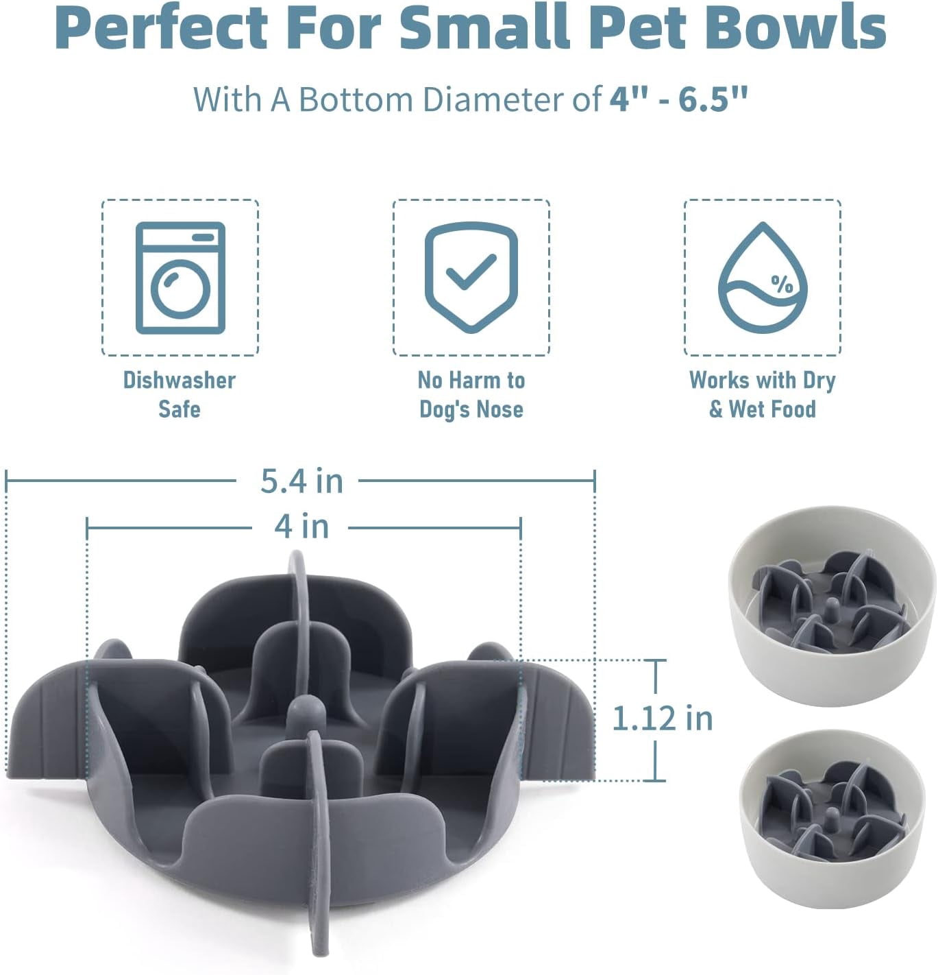 Slow Feeder Insert for Small Dogs, Silicone Pet Feeder Accessory with Dividers & Suction Cups, Dishwasher Safe, 5x5 inches, Grey