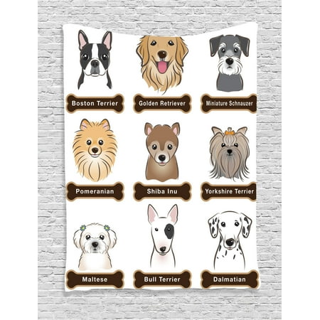 Boston Cotton Tapestry - Dog Lover Decor Wall Hanging Tapestry, Various Type Of Dogs Nameplate Boston Terrier Domestic Animal Faithful Loyal, Bedroom Living Room Dorm Accessories, By Ambesonne