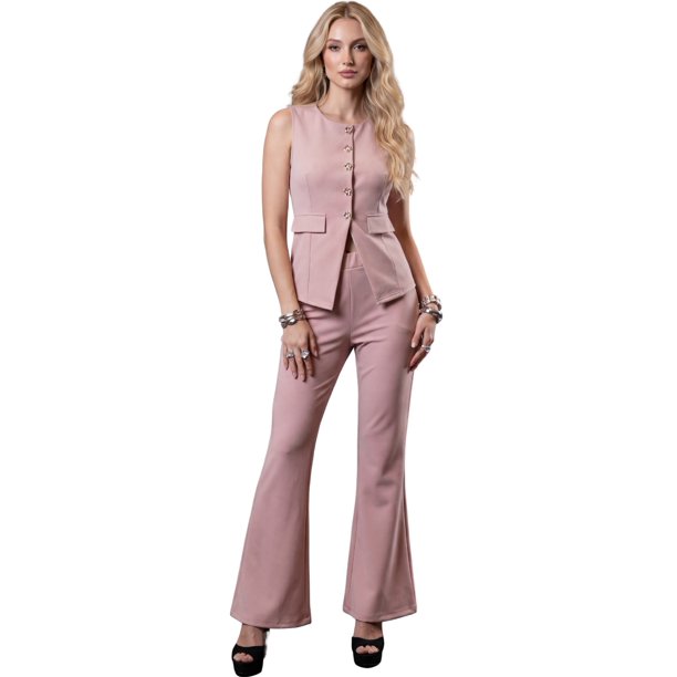 Conjunto Fashion 2 Piezas, Top Sin Mangas con Botones y Pantalón Ajustado con Corte Flare para Mujer