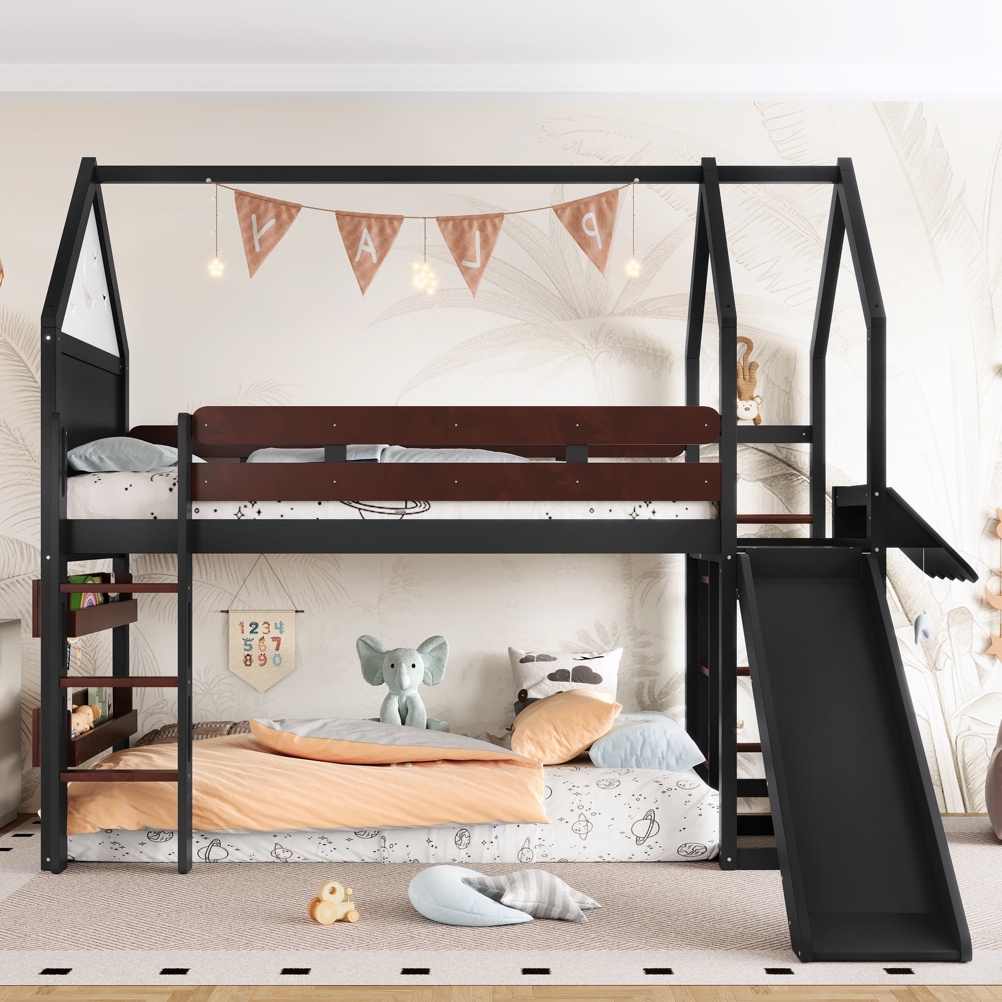 Yoneston Twin House Shaped Loft Bed with Slide & Bookshelf, Starry Moon Platform House Bed with Stairs, Roof & Guardrails for Kids Teens Bedroom, Beige