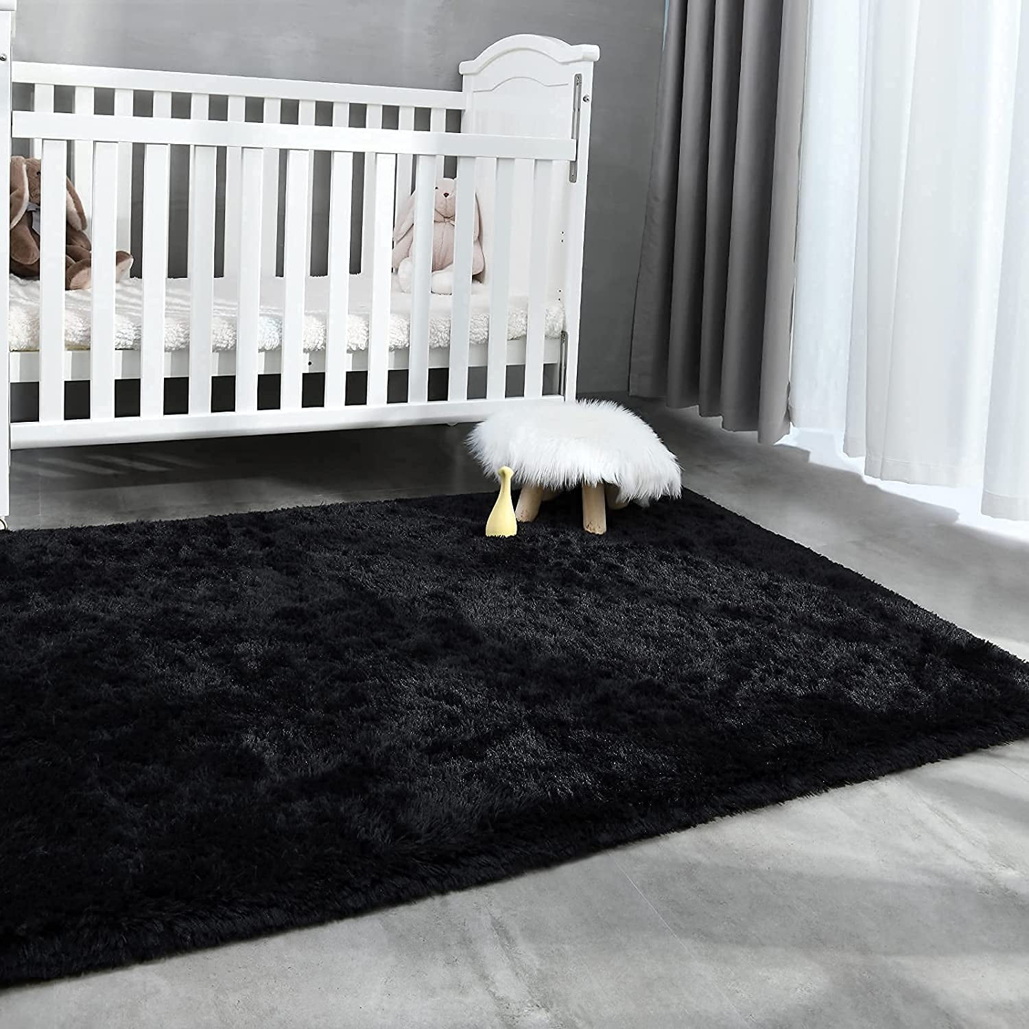 Large SANMADROLA Faux Fur Microfiber Area Rug, 6.5'X7.5', Black - Plush Rug for Bedroom, Living Room, Nursery