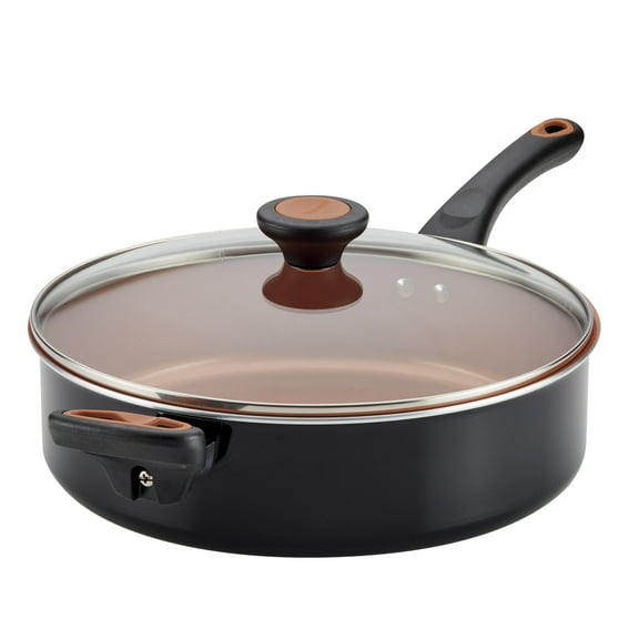 Farberware Glide Copper 4 Quart Ceramic Nonstick Sauté Pan with Tempered Glass Lid and Helper Handle, Dishwasher Safe, Black