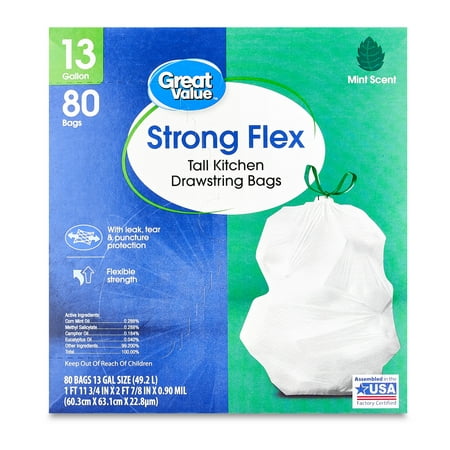 Great Value Strong Flex 13 Gallon Tall Kitchen Drawstring Bags, Mint Scent, 80 Count