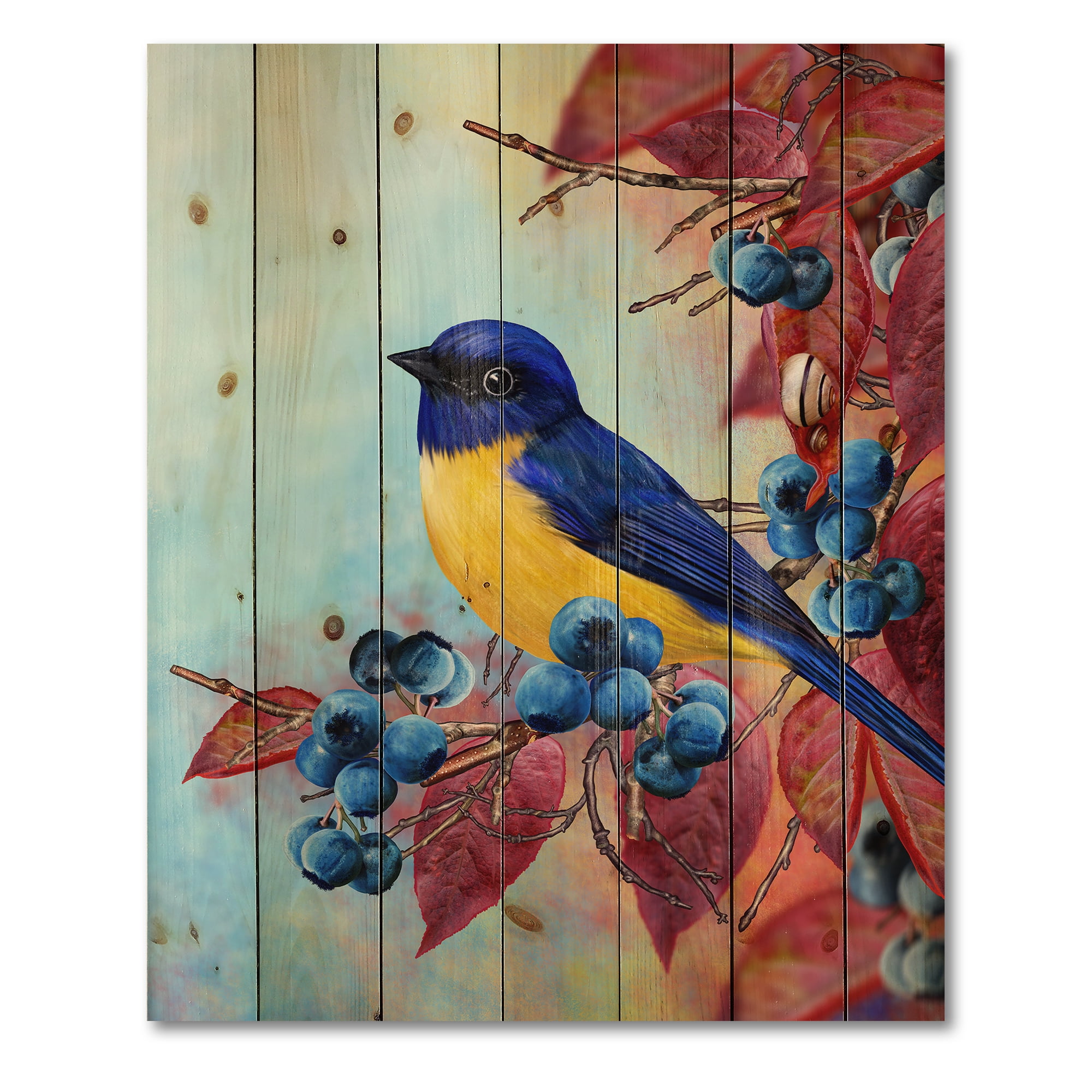 Designart 'Bright Bird Bullfinch Sitting On A Branch of Berries I' Traditional Print on Natural Pine Wood