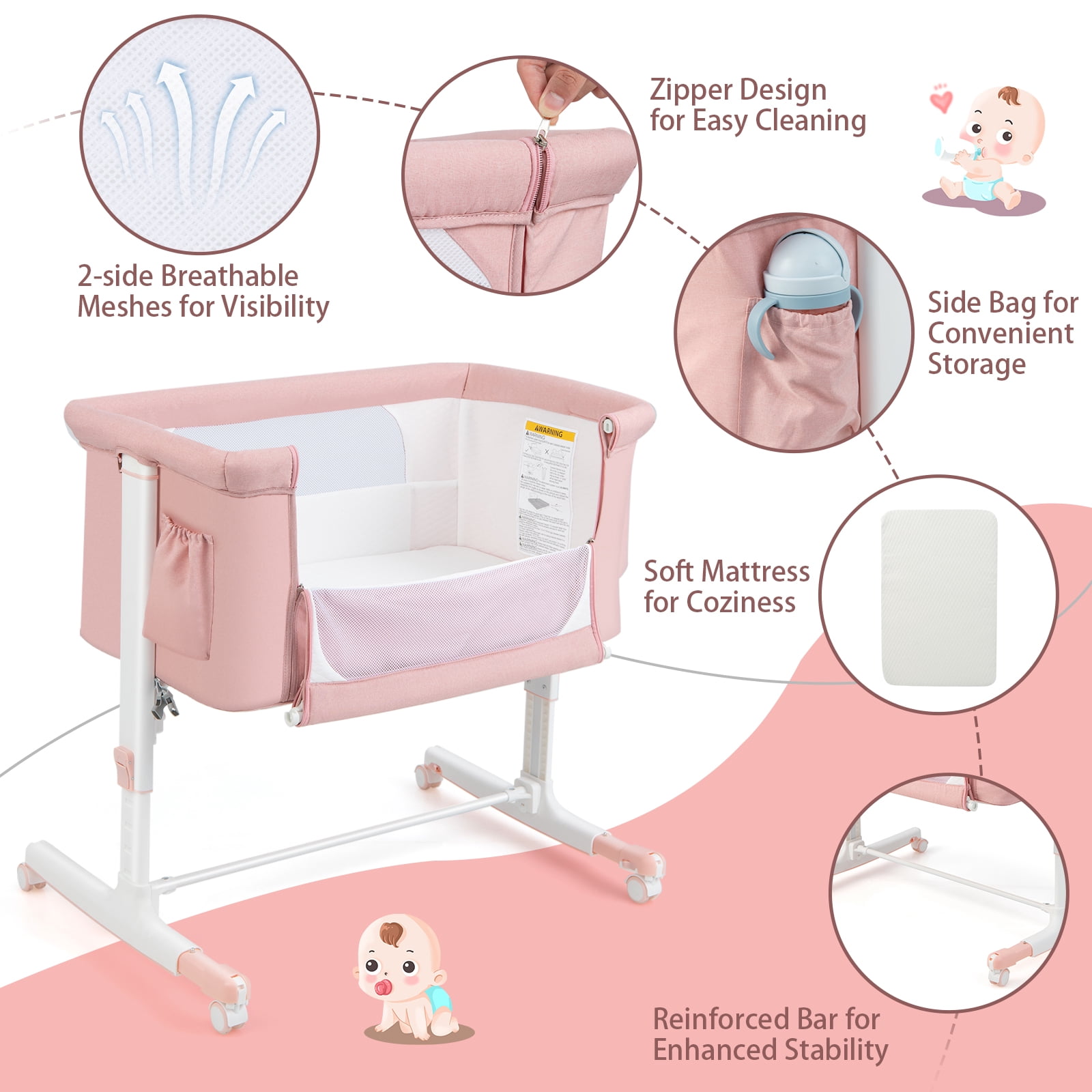 Babyjoy 3-in-1 Baby Bassinet Beside Sleeper Crib with 5-Level Adjustable Heights Pink