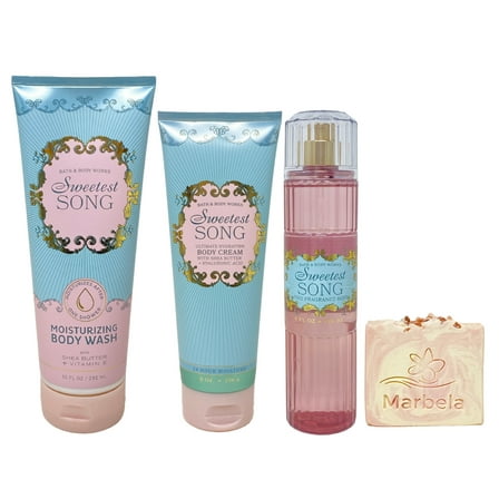 Bath & Body Works Sweetest Song Trio Gift Set - Moisturizing Body Wash, Body Cream and Fragrance Mist - with a Himalayan Salts Springs Bar Soap