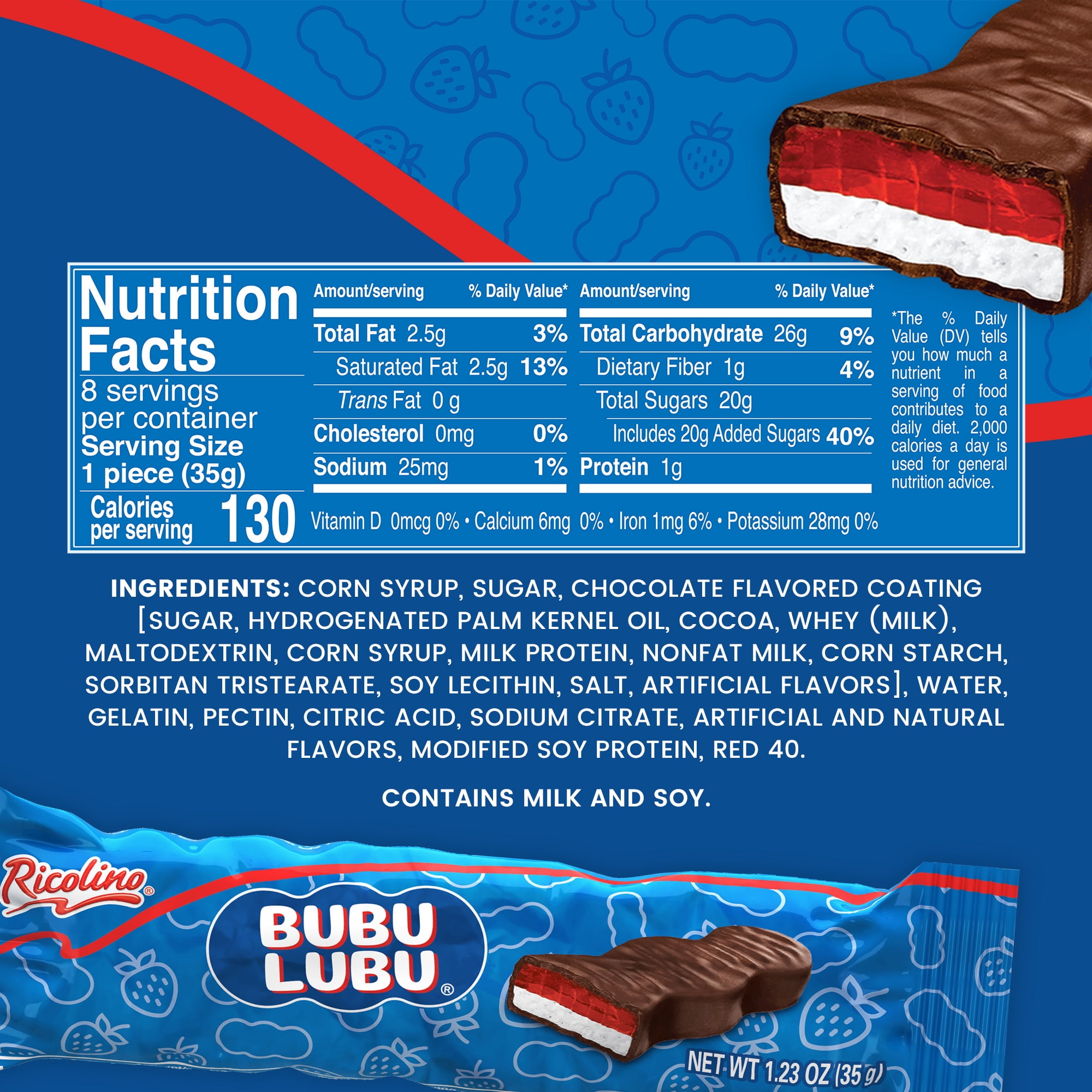Ricolino Bubulubu Chocolate Strawberry Gummy and Marshmallow Candy, 8 Count Bag