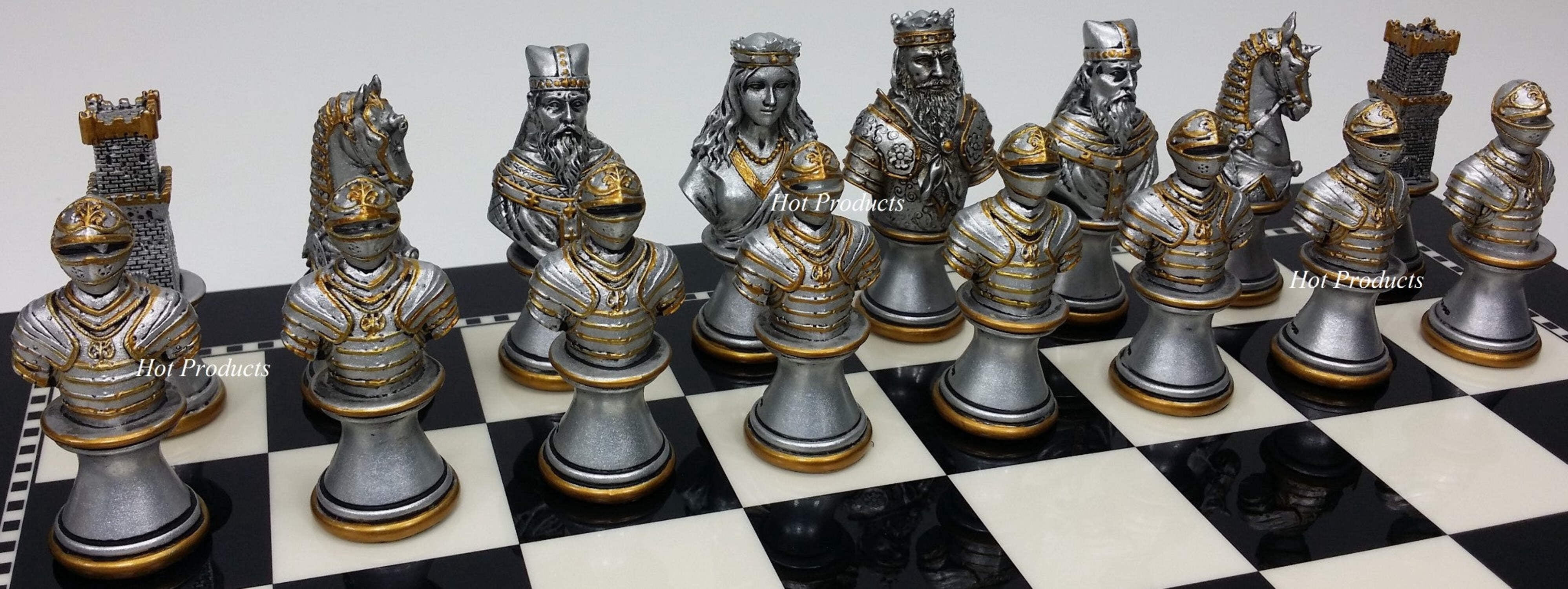 Medieval Times Crusades Gold  Silver Busts Chess Set W/ 15" Black  White Board