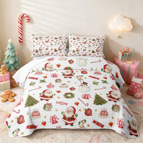 Manfei Santa Twin Quilt Set Holiday Twin Coverlet Set, Purple Pink 2pcs 1 Bedspread and 1 Pillowcase